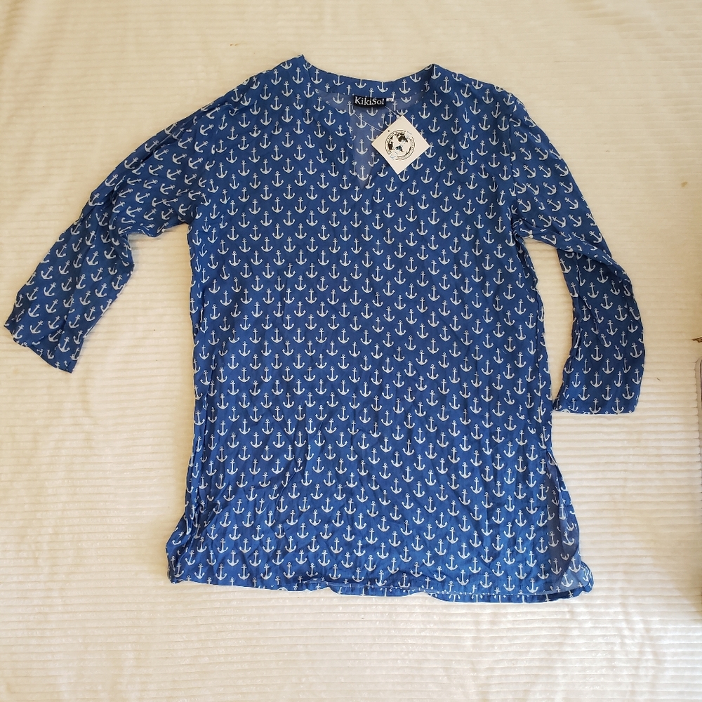 SOLD KikiSol Blue/ White Anchor Print Women's Top/ Coverup XL - Picture 3 of 8
